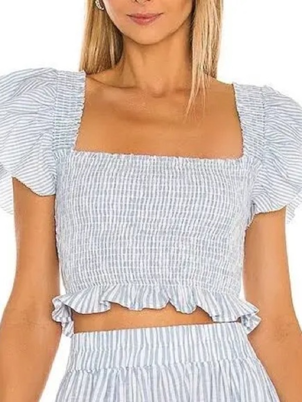 LoveShackFancy Striped Smocked Square-Neck Crop Top - Light Blue